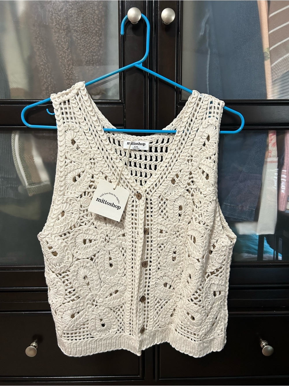 Mittoshop Cream Crochet Button-Front Vest Floral Pattern